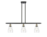 516-3I-BAB-G394 3-Light 36" Black Antique Brass Island Light - Seedy Ellery Glass - LED Bulb - Dimmensions: 36 x 5 x 10<br>Minimum Height : 19.375<br>Maximum Height : 43.375 - Sloped Ceiling Compatible: Yes