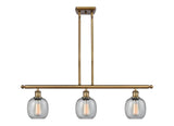 516-3I-BB-G104 3-Light 36" Brushed Brass Island Light - Seedy Belfast Glass - LED Bulb - Dimmensions: 36 x 6 x 10<br>Minimum Height : 19.375<br>Maximum Height : 43.375 - Sloped Ceiling Compatible: Yes