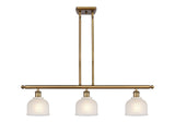 516-3I-BB-G411 3-Light 36" Brushed Brass Island Light - White Dayton Glass - LED Bulb - Dimmensions: 36 x 5.5 x 9.5<br>Minimum Height : 19.375<br>Maximum Height : 43.375 - Sloped Ceiling Compatible: Yes