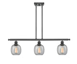 516-3I-BK-G104 3-Light 36" Matte Black Island Light - Seedy Belfast Glass - LED Bulb - Dimmensions: 36 x 6 x 10<br>Minimum Height : 19.375<br>Maximum Height : 43.375 - Sloped Ceiling Compatible: Yes