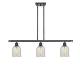 516-3I-OB-G2511 3-Light 36" Oil Rubbed Bronze Island Light - Mouchette Caledonia Glass - LED Bulb - Dimmensions: 36 x 5 x 10<br>Minimum Height : 19.375<br>Maximum Height : 43.375 - Sloped Ceiling Compatible: Yes