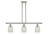 516-3I-PN-G2511 3-Light 36" Polished Nickel Island Light - Mouchette Caledonia Glass - LED Bulb - Dimmensions: 36 x 5 x 10<br>Minimum Height : 19.375<br>Maximum Height : 43.375 - Sloped Ceiling Compatible: Yes