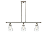516-3I-PN-G394 3-Light 36" Polished Nickel Island Light - Seedy Ellery Glass - LED Bulb - Dimmensions: 36 x 5 x 10<br>Minimum Height : 19.375<br>Maximum Height : 43.375 - Sloped Ceiling Compatible: Yes