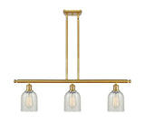 516-3I-SG-G2511 3-Light 36" Satin Gold Island Light - Mouchette Caledonia Glass - LED Bulb - Dimmensions: 36 x 5 x 10<br>Minimum Height : 19.375<br>Maximum Height : 43.375 - Sloped Ceiling Compatible: Yes