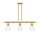 516-3I-SG-G394 3-Light 36" Satin Gold Island Light - Seedy Ellery Glass - LED Bulb - Dimmensions: 36 x 5 x 10<br>Minimum Height : 19.375<br>Maximum Height : 43.375 - Sloped Ceiling Compatible: Yes