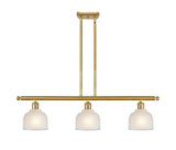516-3I-SG-G411 3-Light 36" Satin Gold Island Light - White Dayton Glass - LED Bulb - Dimmensions: 36 x 5.5 x 9.5<br>Minimum Height : 19.375<br>Maximum Height : 43.375 - Sloped Ceiling Compatible: Yes