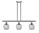 516-3I-SN-G104 3-Light 36" Brushed Satin Nickel Island Light - Seedy Belfast Glass - LED Bulb - Dimmensions: 36 x 6 x 10<br>Minimum Height : 19.375<br>Maximum Height : 43.375 - Sloped Ceiling Compatible: Yes