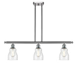 516-3I-SN-G394 3-Light 36" Brushed Satin Nickel Island Light - Seedy Ellery Glass - LED Bulb - Dimmensions: 36 x 5 x 10<br>Minimum Height : 19.375<br>Maximum Height : 43.375 - Sloped Ceiling Compatible: Yes