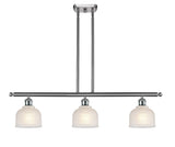 516-3I-SN-G411 3-Light 36" Brushed Satin Nickel Island Light - White Dayton Glass - LED Bulb - Dimmensions: 36 x 5.5 x 9.5<br>Minimum Height : 19.375<br>Maximum Height : 43.375 - Sloped Ceiling Compatible: Yes