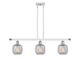 516-3I-WPC-G104 3-Light 36" White and Polished Chrome Island Light - Seedy Belfast Glass - LED Bulb - Dimmensions: 36 x 6 x 10<br>Minimum Height : 19.375<br>Maximum Height : 43.375 - Sloped Ceiling Compatible: Yes