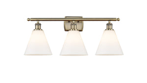 516-3W-AB-GBC-81 3-Light 28" Antique Brass Bath Vanity Light - Matte White Cased Ballston Cone Glass - LED Bulb - Dimmensions: 28 x 8.125 x 11.25 - Glass Up or Down: Yes