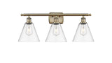 516-3W-AB-GBC-82 3-Light 28" Antique Brass Bath Vanity Light - Clear Ballston Cone Glass - LED Bulb - Dimmensions: 28 x 8.125 x 11.25 - Glass Up or Down: Yes