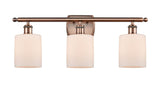 516-3W-AC-G111 3-Light 26" Antique Copper Bath Vanity Light - Matte White Cobbleskill Glass - LED Bulb - Dimmensions: 26 x 6.5 x 9.5 - Glass Up or Down: Yes