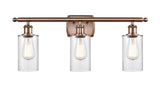 516-3W-AC-G802 3-Light 26" Antique Copper Bath Vanity Light - Clear Clymer Glass - LED Bulb - Dimmensions: 26 x 6 x 12 - Glass Up or Down: Yes