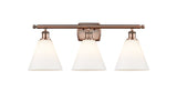 516-3W-AC-GBC-81 3-Light 28" Antique Copper Bath Vanity Light - Matte White Cased Ballston Cone Glass - LED Bulb - Dimmensions: 28 x 8.125 x 11.25 - Glass Up or Down: Yes