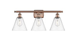516-3W-AC-GBC-82 3-Light 28" Antique Copper Bath Vanity Light - Clear Ballston Cone Glass - LED Bulb - Dimmensions: 28 x 8.125 x 11.25 - Glass Up or Down: Yes