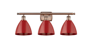516-3W-AC-MBD-75-RD 3-Light 27.5" Antique Copper Bath Vanity Light - Red Plymouth Dome Shade - LED Bulb - Dimmensions: 27.5 x 7.875 x 10.75 - Glass Up or Down: Yes