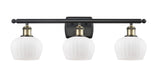 516-3W-BAB-G91 3-Light 26" Black Antique Brass Bath Vanity Light - Matte White Fenton Glass - LED Bulb - Dimmensions: 26 x 8 x 10.5 - Glass Up or Down: Yes