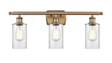 516-3W-BB-G802 3-Light 26" Brushed Brass Bath Vanity Light - Clear Clymer Glass - LED Bulb - Dimmensions: 26 x 6 x 12 - Glass Up or Down: Yes