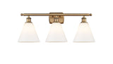516-3W-BB-GBC-81 3-Light 28" Brushed Brass Bath Vanity Light - Matte White Cased Ballston Cone Glass - LED Bulb - Dimmensions: 28 x 8.125 x 11.25 - Glass Up or Down: Yes