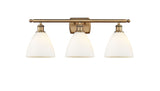 516-3W-BB-GBD-751 3-Light 28" Brushed Brass Bath Vanity Light - Matte White Ballston Dome Glass - LED Bulb - Dimmensions: 28 x 8.125 x 11.25 - Glass Up or Down: Yes