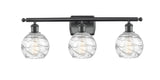 516-3W-BK-G1213-6 3-Light 26" Matte Black Bath Vanity Light - Clear Athens Deco Swirl 8" Glass - LED Bulb - Dimmensions: 26 x 8 x 11 - Glass Up or Down: Yes