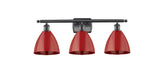 516-3W-BK-MBD-75-RD 3-Light 27.5" Matte Black Bath Vanity Light - Red Plymouth Dome Shade - LED Bulb - Dimmensions: 27.5 x 7.875 x 10.75 - Glass Up or Down: Yes