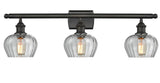 516-3W-OB-G92 3-Light 26" Oil Rubbed Bronze Bath Vanity Light - Clear Fenton Glass - LED Bulb - Dimmensions: 26 x 8 x 10.5 - Glass Up or Down: Yes