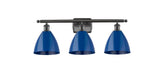 516-3W-OB-MBD-75-BL 3-Light 27.5" Oil Rubbed Bronze Bath Vanity Light - Blue Plymouth Dome Shade - LED Bulb - Dimmensions: 27.5 x 7.875 x 10.75 - Glass Up or Down: Yes
