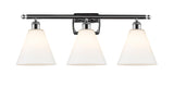 516-3W-PC-GBC-81 3-Light 28" Polished Chrome Bath Vanity Light - Matte White Cased Ballston Cone Glass - LED Bulb - Dimmensions: 28 x 8.125 x 11.25 - Glass Up or Down: Yes
