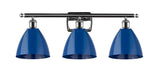 516-3W-PC-MBD-75-BL 3-Light 27.5" Polished Chrome Bath Vanity Light - Blue Plymouth Dome Shade - LED Bulb - Dimmensions: 27.5 x 7.875 x 10.75 - Glass Up or Down: Yes