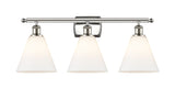 516-3W-PN-GBC-81 3-Light 28" Polished Nickel Bath Vanity Light - Matte White Cased Ballston Cone Glass - LED Bulb - Dimmensions: 28 x 8.125 x 11.25 - Glass Up or Down: Yes