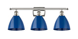516-3W-PN-MBD-75-BL 3-Light 27.5" Polished Nickel Bath Vanity Light - Blue Plymouth Dome Shade - LED Bulb - Dimmensions: 27.5 x 7.875 x 10.75 - Glass Up or Down: Yes