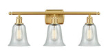516-3W-SG-G2812 3-Light 26" Satin Gold Bath Vanity Light - Fishnet Hanover Glass - LED Bulb - Dimmensions: 26 x 7.5 x 13 - Glass Up or Down: Yes