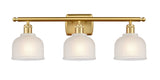 516-3W-SG-G411 3-Light 26" Satin Gold Bath Vanity Light - White Dayton Glass - LED Bulb - Dimmensions: 26 x 7 x 10.5 - Glass Up or Down: Yes