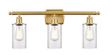 516-3W-SG-G802 3-Light 26" Satin Gold Bath Vanity Light - Clear Clymer Glass - LED Bulb - Dimmensions: 26 x 6 x 12 - Glass Up or Down: Yes