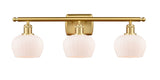 516-3W-SG-G91 3-Light 26" Satin Gold Bath Vanity Light - Matte White Fenton Glass - LED Bulb - Dimmensions: 26 x 8 x 10.5 - Glass Up or Down: Yes