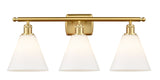 3-Light 28" Satin Gold Bath Vanity Light - Matte White Cased Ballston Cone Glass Shade - LED Bulbs