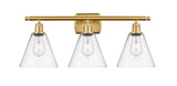 516-3W-SG-GBC-82 3-Light 28" Satin Gold Bath Vanity Light - Clear Ballston Cone Glass - LED Bulb - Dimmensions: 28 x 8.125 x 11.25 - Glass Up or Down: Yes