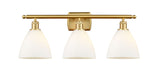 516-3W-SG-GBD-751 3-Light 28" Satin Gold Bath Vanity Light - Matte White Ballston Dome Glass - LED Bulb - Dimmensions: 28 x 8.125 x 11.25 - Glass Up or Down: Yes