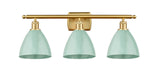 516-3W-SG-MBD-75-SF 3-Light 27.5" Satin Gold Bath Vanity Light - Seafoam Plymouth Dome Shade - LED Bulb - Dimmensions: 27.5 x 7.875 x 10.75 - Glass Up or Down: Yes