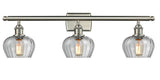 516-3W-SN-G92 3-Light 26" Brushed Satin Nickel Bath Vanity Light - Clear Fenton Glass - LED Bulb - Dimmensions: 26 x 8 x 10.5 - Glass Up or Down: Yes