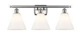 516-3W-SN-GBC-81 3-Light 28" Brushed Satin Nickel Bath Vanity Light - Matte White Cased Ballston Cone Glass - LED Bulb - Dimmensions: 28 x 8.125 x 11.25 - Glass Up or Down: Yes