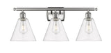 516-3W-SN-GBC-82 3-Light 28" Brushed Satin Nickel Bath Vanity Light - Clear Ballston Cone Glass - LED Bulb - Dimmensions: 28 x 8.125 x 11.25 - Glass Up or Down: Yes