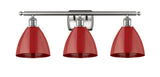 516-3W-SN-MBD-75-RD 3-Light 27.5" Brushed Satin Nickel Bath Vanity Light - Red Plymouth Dome Shade - LED Bulb - Dimmensions: 27.5 x 7.875 x 10.75 - Glass Up or Down: Yes
