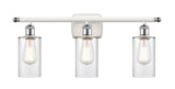 516-3W-WPC-G802 3-Light 26" White and Polished Chrome Bath Vanity Light - Clear Clymer Glass - LED Bulb - Dimmensions: 26 x 6 x 12 - Glass Up or Down: Yes
