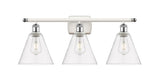 516-3W-WPC-GBC-82 3-Light 28" White and Polished Chrome Bath Vanity Light - Clear Ballston Cone Glass - LED Bulb - Dimmensions: 28 x 8.125 x 11.25 - Glass Up or Down: Yes
