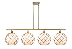 4-Light 48" Antique Brass Island Light - White Large Farmhouse Glass with Brown Rope Glass LED