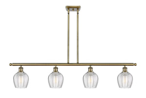 516-4I-AB-G462-6 4-Light 48" Antique Brass Island Light - Clear Norfolk Glass - LED Bulb - Dimmensions: 48 x 5.75 x 10<br>Minimum Height : 20.375<br>Maximum Height : 44.375 - Sloped Ceiling Compatible: Yes