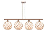 516-4I-AC-G121-10RB 4-Light 48" Antique Copper Island Light - White Large Farmhouse Glass with Brown Rope Glass - LED Bulb - Dimmensions: 48 x 10 x 13<br>Minimum Height : 22.375<br>Maximum Height : 46.375 - Sloped Ceiling Compatible: Yes